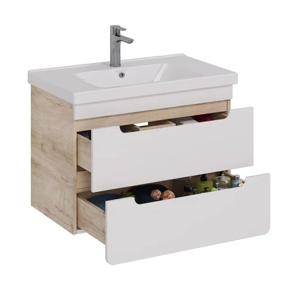 Тумба под раковину подвесная Lemark Olivia 80 см белый глянец/дуб кантри LM08OL80T (детальная фотография), моноблок