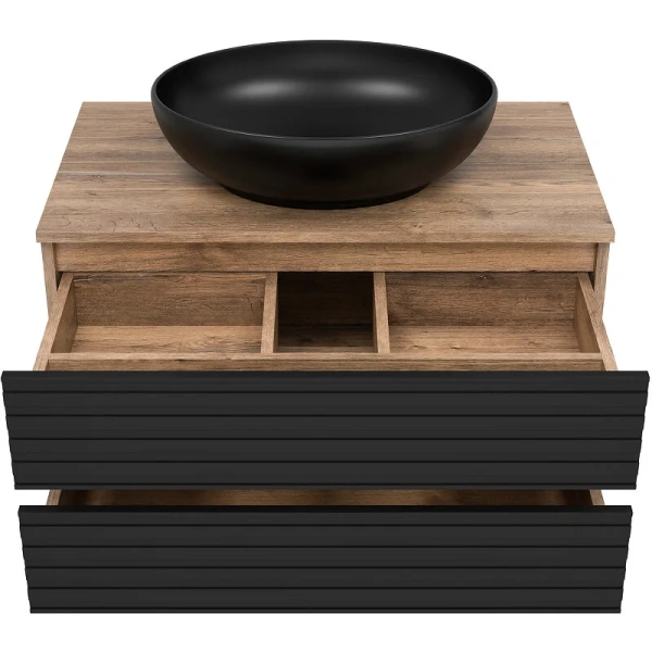 Тумба под раковину подвесная Brevita Dakota 80 см дуб галифакс олово, черный кварц DAK-09080-19/02-2Я (детальная фотография), под накладную раковину