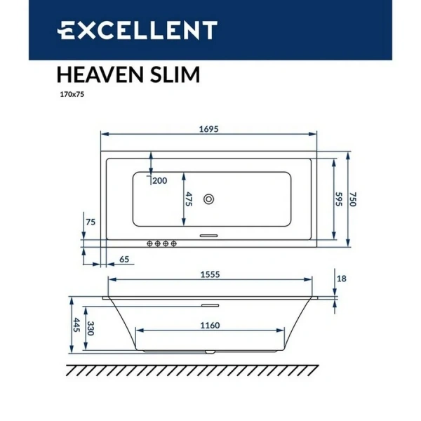 Ванна гидромассажная Excellent Heaven Slim Ultra 170 x 75 см, белый/хром, WAEX.HEV17S.ULTRA.CR (детальная фотография), акриловые