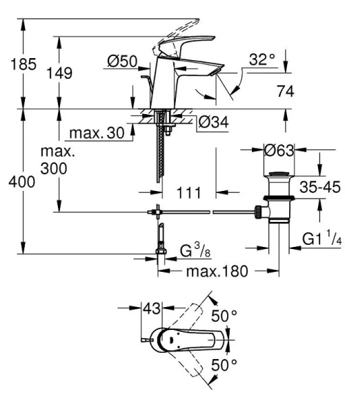 Смеситель для раковины Grohe Eurosmart хром 23965003 (детальная фотография), для раковины