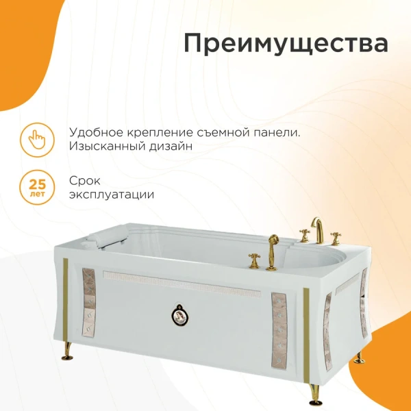 Акриловая ванна Fra Grande Анабель 4-01-3-0-1-420, 170 x 85 см, рама-подставка на декоративных ножках, комплект панелей, подголовник, золото (детальная фотография), приставные, встраиваемые