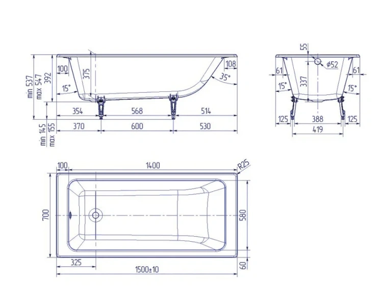 Ванна чугунная Creto Strong, 25-1150, 150 х 70 см, белая (детальная фотография), чугунные