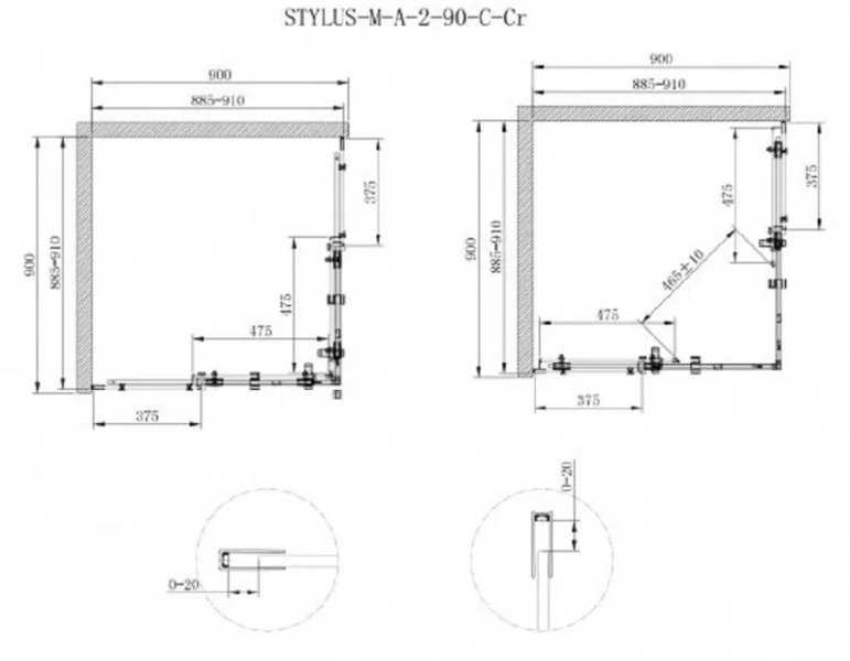 Душевой уголок Cezares Stylus M 90х90 см квадратный STYLUS-O-M-A-2-90-C-Cr (детальная фотография), квадратные