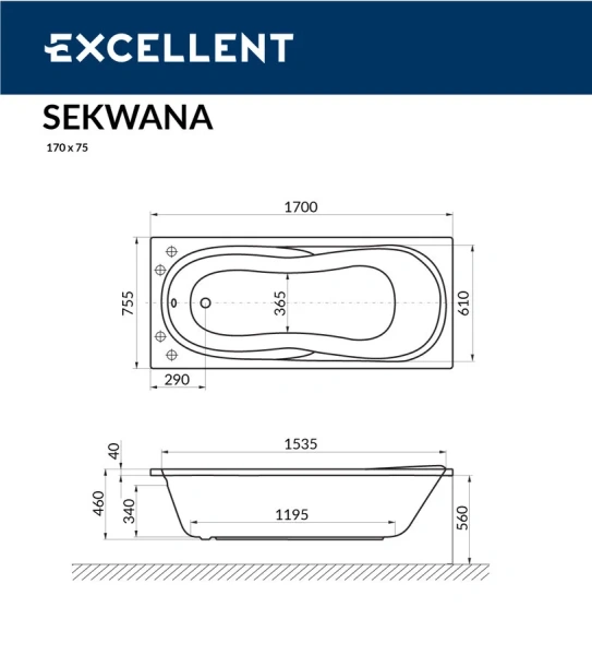 Ванна акриловая Excellent Sekwana WAEX.SEK17WH 170 х 75 см (детальная фотография), акриловые