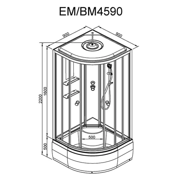 Душевая кабина Deto EM 90x90 см с высоким поддоном EM4590GM (детальная фотография), полукруглые, четверть круга