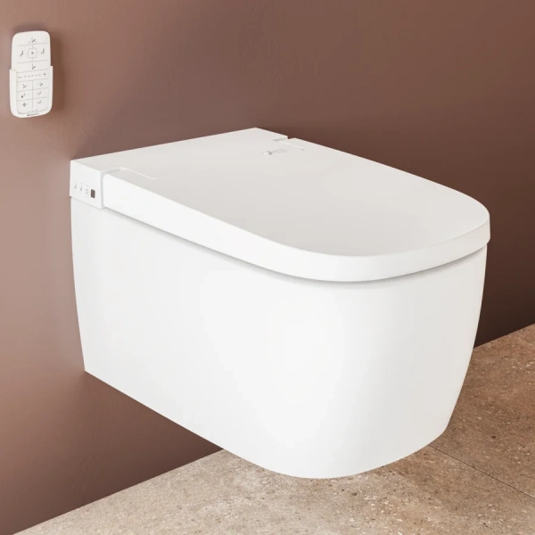 Интеллектуальный подвесной унитаз Vitra V-Care  5674B003-6194 (детальная фотография), с горизонтальным, прямым выпуском, с прямым выпуском