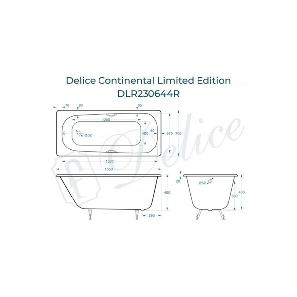 Ванна чугунная Delice Continental Limited Edition 165х70 см с отверстиями под ручки DLR230644R (детальная фотография), чугунные