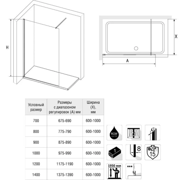Душевая перегородка RGW Walk In WA-010B 100 см стекло прозрачное, профиль черный 351001010-14 (детальная фотография), черные