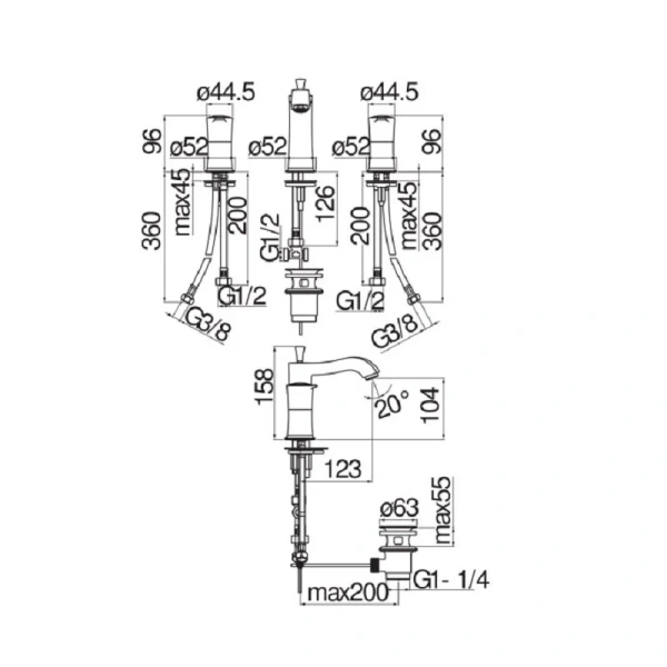 Смеситель для раковины Nobili Sofi SI98211/1 на 3 отверстия (детальная фотография), для раковины