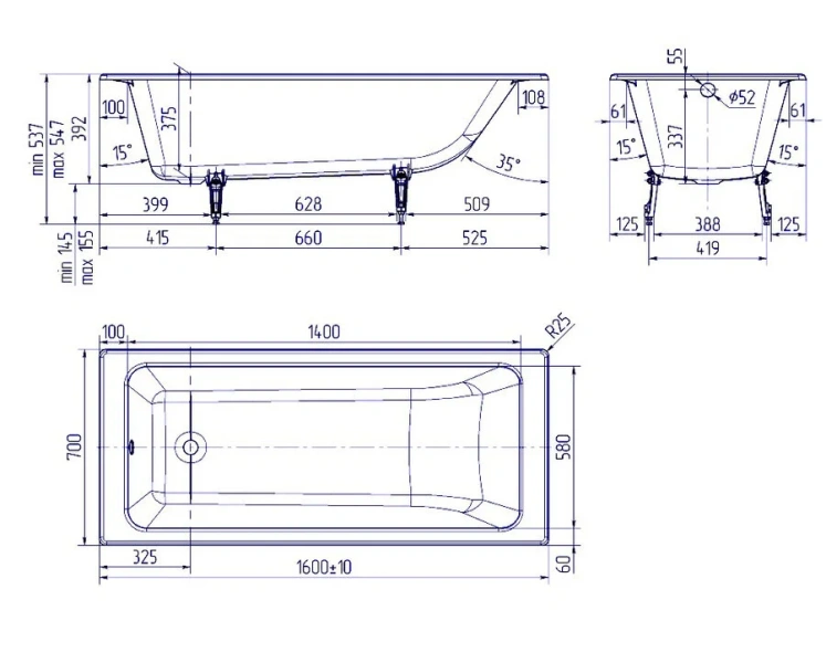 Ванна чугунная Creto Strong, 25-1160, 160 х 70 см, белая (детальная фотография), чугунные