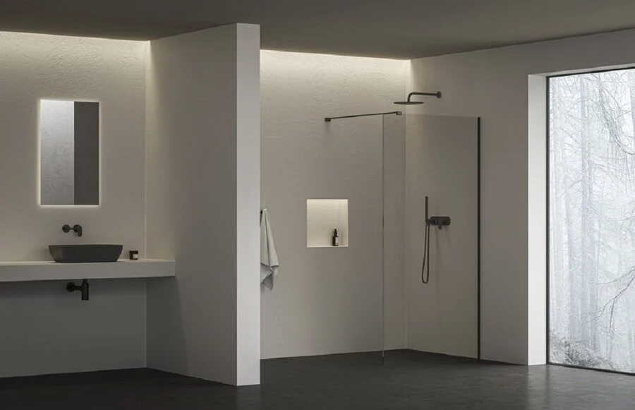 Душевая перегородка Ravak Walk-In Air 90 см профиль черный стекло прозрачное GW9W70300Z1C (детальная фотография), черные