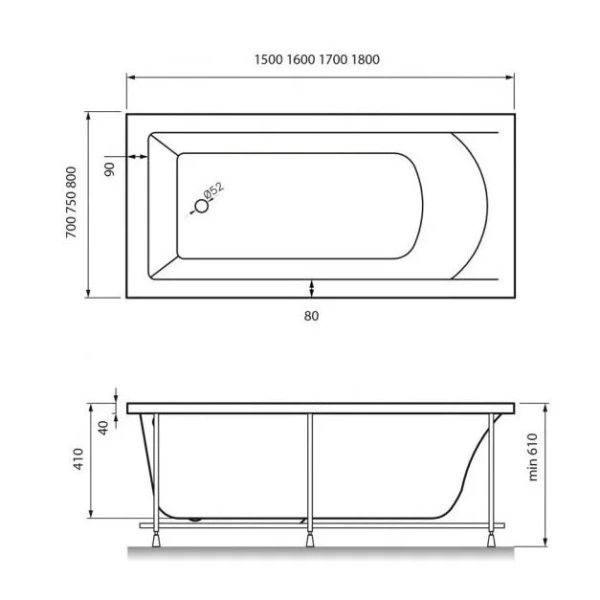 Ванна акриловая Vayer Savero 180 х 80 см Гл000009147 (детальная фотография), 180x80 см