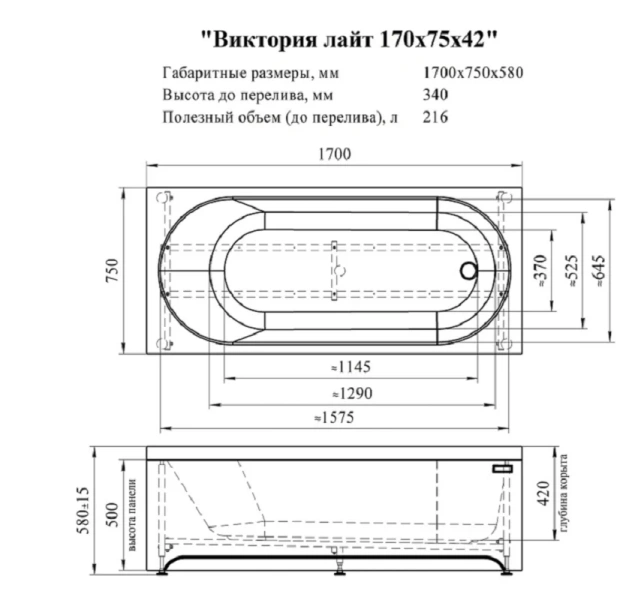 Акриловая ванна Радомир Виктория лайт 2-78-0-0-1-259Р, 170 х 75 см, фронтальный экран, каркас разборный в комплекте, белая (детальная фотография), акриловые