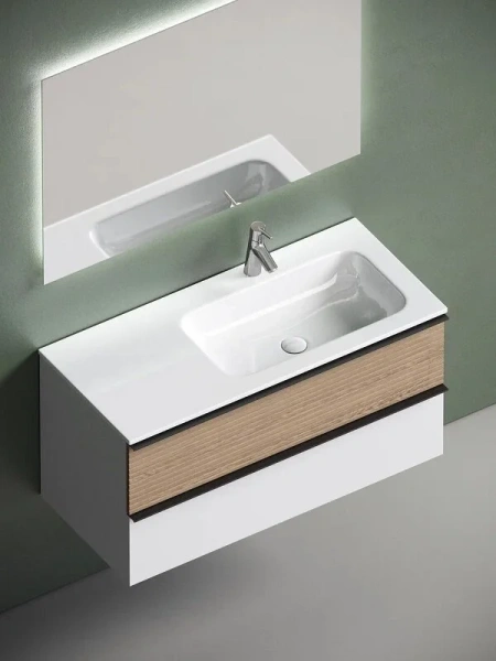 Тумба под раковину подвесная Sancos Delta 100 см правая дуб светлый/белая DL100RW (детальная фотография), комплект (набор)