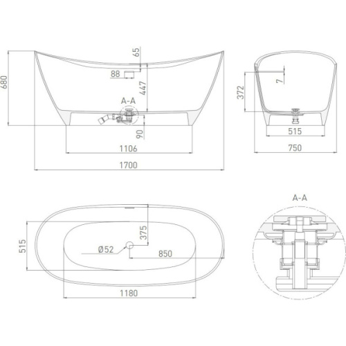 Ванна из искусственного камня Salini Noemi 170x75 см покраска снаружи по RAL 101722MN (детальная фотография), искусственный камень