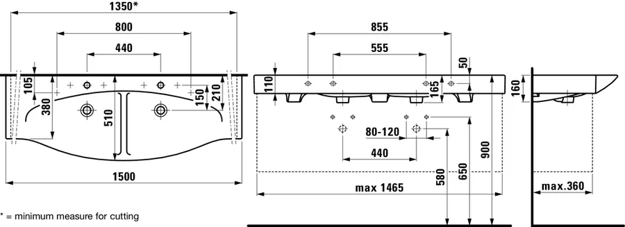 Раковина двойная Laufen Palace New 8.1370.6, 8.1470.6 (детальная фотография), подвесные, накладные (на столешницу), пристенные