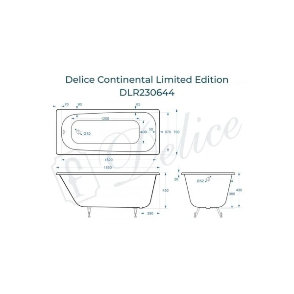 Ванна чугунная Delice Continental Limited Edition 165х70 см белая DLR230644 (детальная фотография), чугунные