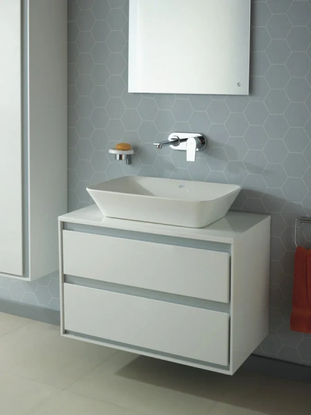 Тумба под раковину подвесная Ideal Standard Connect Air 80 см белый глянцевый, светло-серый матовый E0819KN (детальная фотография), моноблок, под накладную раковину