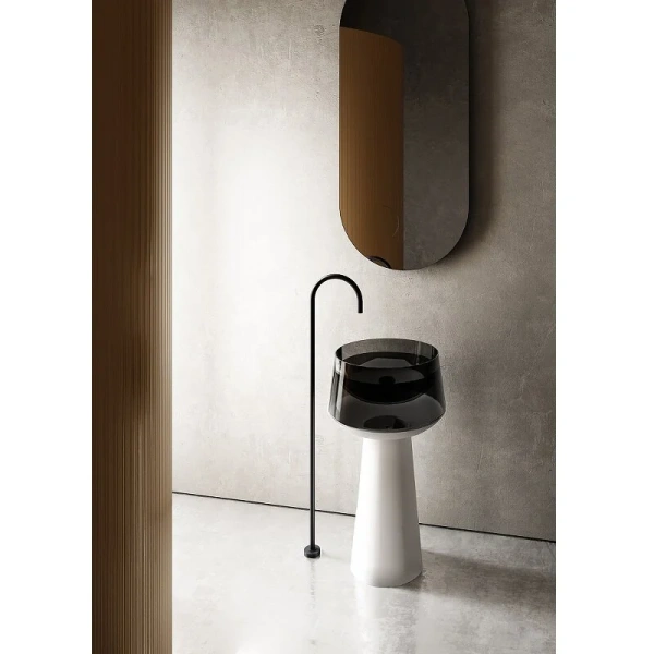 Раковина напольная Abber Kristall 50 см белая/черная AT2706White-Onyx (детальная фотография), круглой формы, моноблок