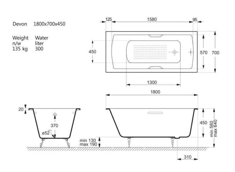Чугунная ванна Vinsent Veron Devon VDV1807045H/VH0012GD-AS, 180 x 70 см, с антискользящим покрытием, ручки золото, цвет белый (детальная фотография), чугунные