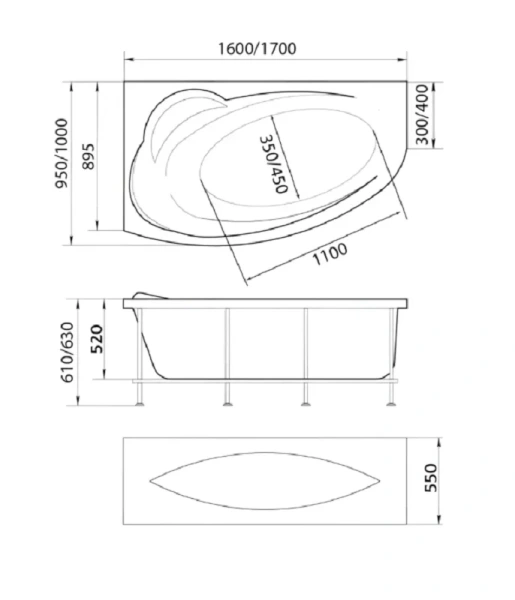Ванна акриловая 1MarKa Julianna 01дж1410лкс2+, 170 x 100 см, левая, с каркасом и сливом-переливом, белая (детальная фотография), акриловые