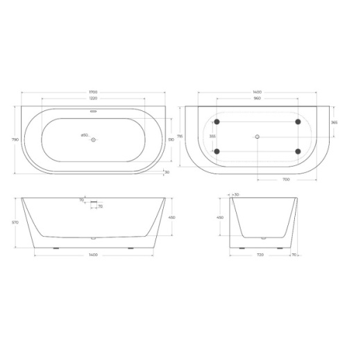 Ванна акриловая BelBagno 170x80 см пристенная BB710-1700-800 (детальная фотография), без гидромассажа, большие