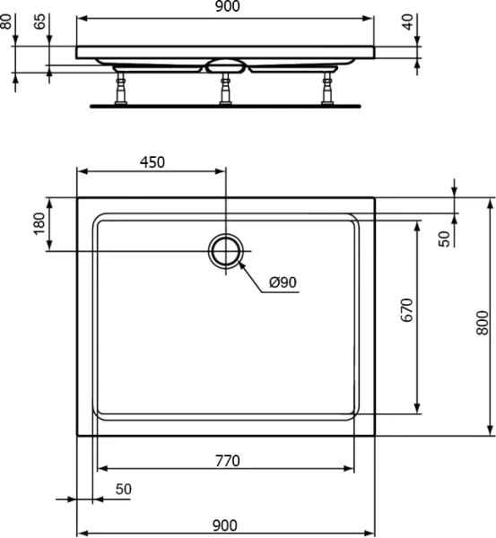 Душевой поддон Ideal Standard Hotline K2773 90х80 см акриловый прямоугольный (детальная фотография), прямоугольные