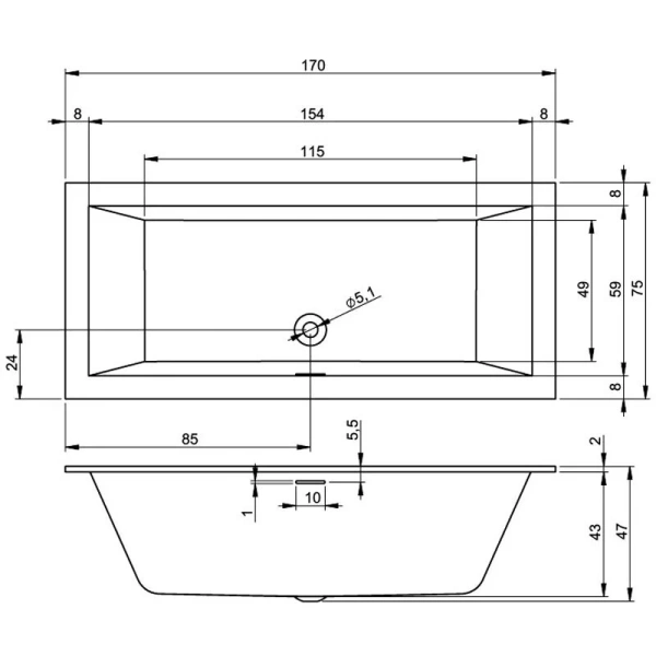 Акриловая ванна Riho Rething Cubic 170 x 75 см Pulg&Play, B105011005 (детальная фотография), 170x75 см