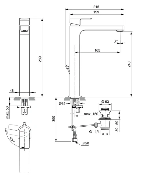 Смеситель для раковины Ideal Standard Edge с донным клапаном A7113AA (детальная фотография), для раковины