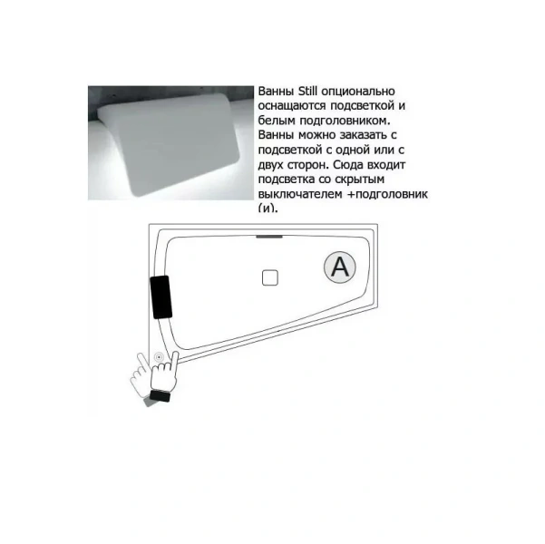 Акриловая ванна Riho Still Smart Fall B101010005/B102011005, 170 x 110 см, наполнение через перелив, подголовник с LED-подсветкой справа/слева, цвет белый (детальная фотография), современныe, hi-tech