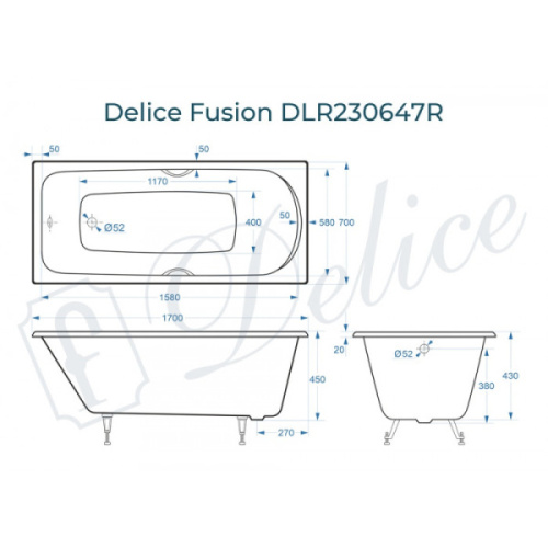 Ванна чугунная Delice Fusion 170х70 см с отверстиями под ручки DLR230647R (детальная фотография), без гидромассажа, с ручками, большие