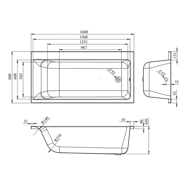 Ванна акриловая Lavinia Boho Catani 160x80 см правая 3712160R (детальная фотография), 160 см