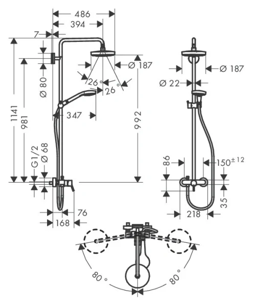 Душевая стойка Hansgrohe Croma Select S с однорычажным смесителем 27255400 (детальная фотография), современные, hi-tech