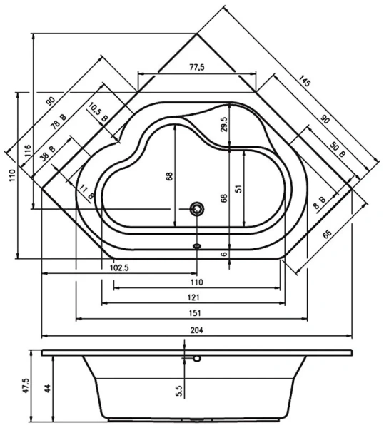 Ванна акриловая Riho Winnipeg BA4800500000000 145х145 см (детальная фотография), акриловые