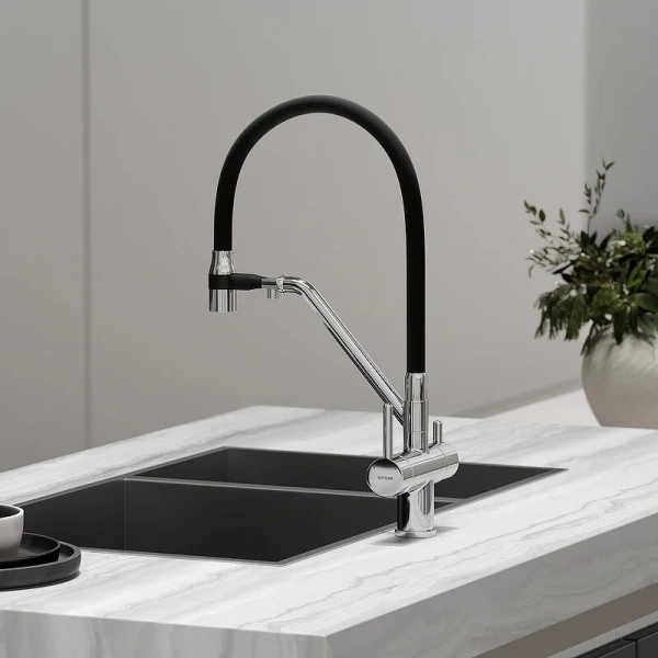 Смеситель для кухни Sancos Dora хром SC4003CH (детальная фотография), с поворотным изливом, с коротким изливом, с гибким изливом