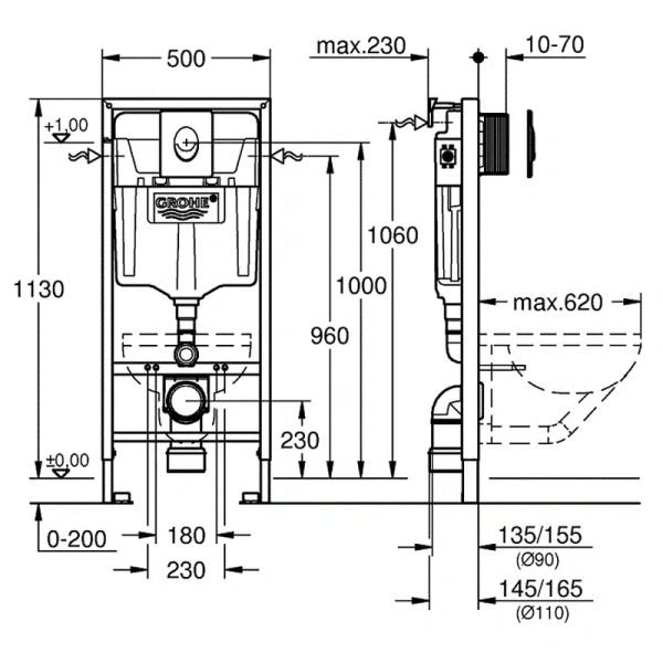 Унитаз с инсталляцией Grohe Rapid SL клавиша хром 39195001 (детальная фотография), с инсталляцией