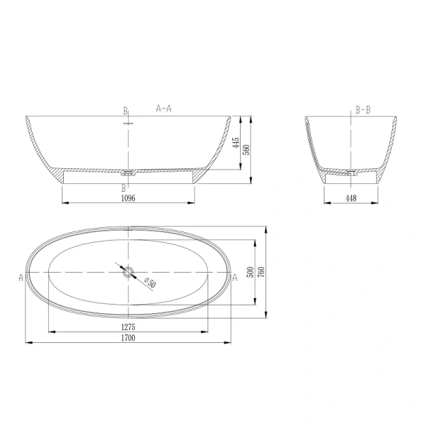 Ванна из искусственного камня Vincea VBT-4S01MW, 170 x 76 см, слив-перелив в комплекте, белый матовый (детальная фотография), искусственный камень