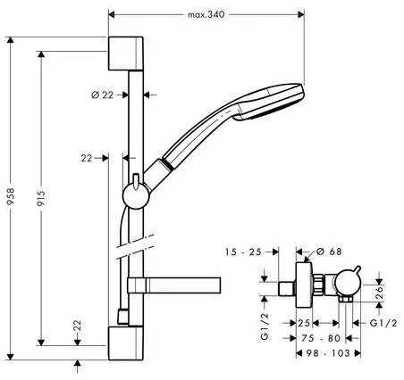 Душевой комплект Hansgrohe Croma 100 Vario EcoSmart/Ecostat Comfort Combi 27033000 (детальная фотография), душевые комплекты, наборы