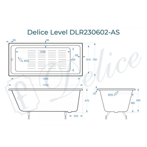 Ванна чугунная Delice Level 170x75 с антискользящим покрытием DLR230602-AS (детальная фотография), 170x75 см