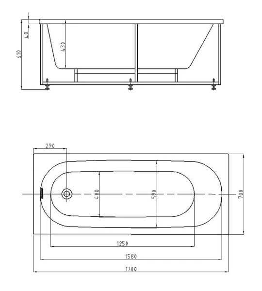 Ванна акриловая Акватек Оберон 170x70 см вклеенный каркас слив слева OBR170-0000038 (детальная фотография), 170x70 см