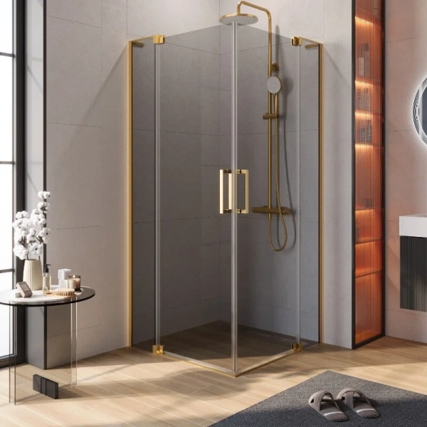 Душевой уголок Cezares Slider 100х100 см стекло серое профиль брашированное золото SLIDER-A-2-90/100-GRIGIO-BORO (детальная фотография)