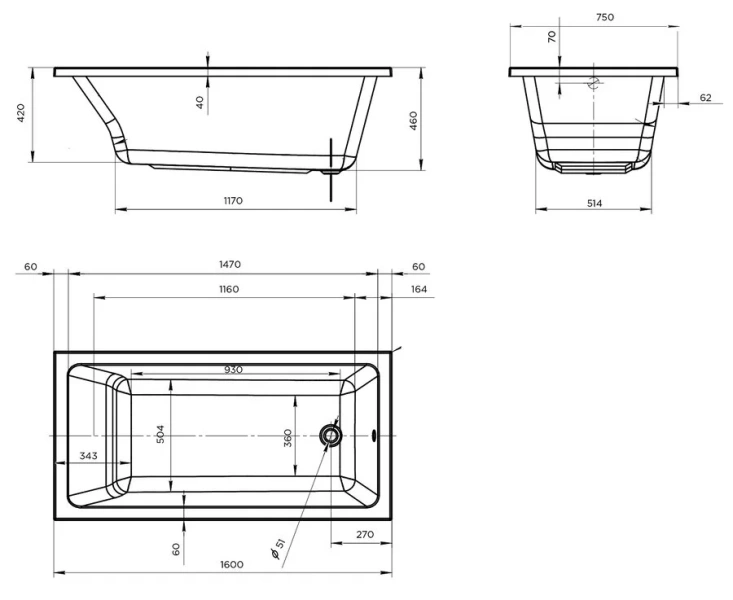 Ванна акриловая Marka One Bianca 01бья1675 160 x 75 см, белый (детальная фотография), акриловые