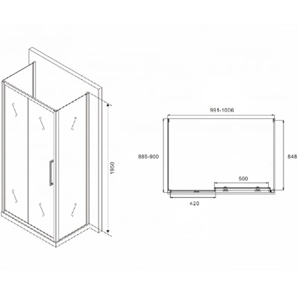Душевой уголок Abber Schwarzer Diamant 100x90 см профиль хром, стекло прозрачное AG30100H-S90-S90 (детальная фотография), прямоугольные