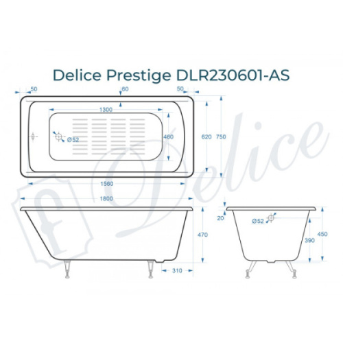 Ванна чугунная Delice Prestige 180x75 см прямоугольная DLR230601-AS (детальная фотография), 180x75 см