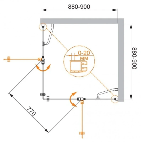 Душевой уголок Cezares Elena 90x90 см стекло прозрачное ELENA-W-A-22-90-C-Cr (детальная фотография), квадратные