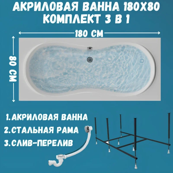Ванна акриловая 1MarKa Dinamika 01ди1880кс2+, 180 x 80 см, цвет белый (детальная фотография), 180 см