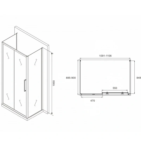 Душевой уголок Abber Schwarzer Diamant 110x90 см профиль хром, стекло прозрачное AG30110H-S90-S90 (детальная фотография), прямоугольные
