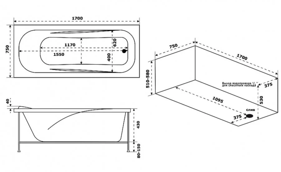 Ванна акриловая Bas Толедо В 00035, 170 х 75 см, белая (детальная фотография), акриловые