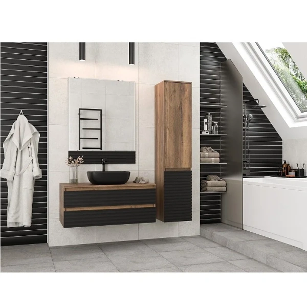 Тумба под раковину подвесная Brevita Dakota 80 см дуб галифакс олово, черный кварц DAK-09080-19/02-2Я (детальная фотография), светло-коричневая, черная, комбинированная