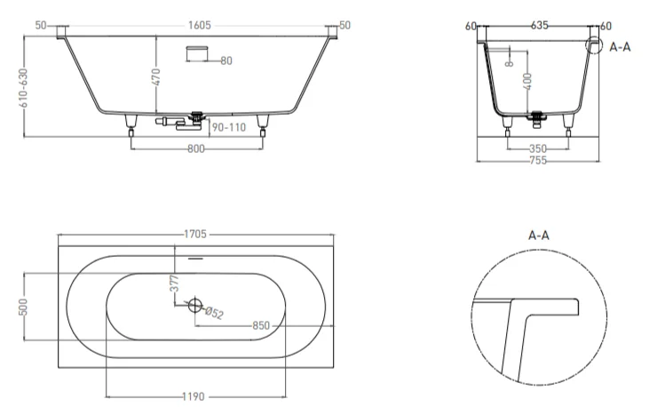 Ванна из искусственного камня Salini Ornella Axis KIt 103513 170х75 см встраиваемая (детальная фотография), искусственный камень